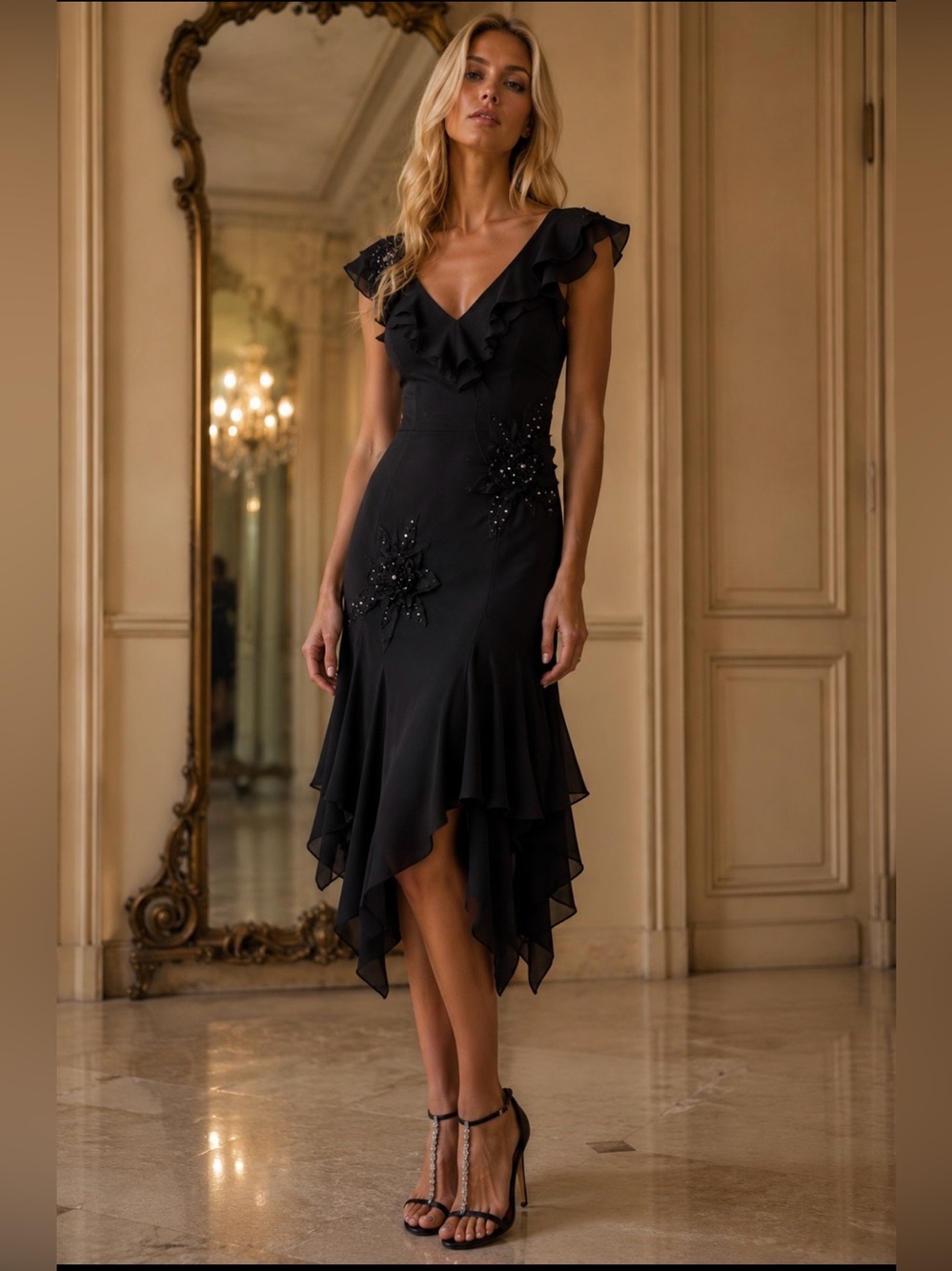 Sue Wong Black Asymmetrical hemline Ruffle V-Neck Evening Dress.100% Silk